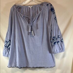 Crown & Ivy Woman’s Light Blue Embroidered Peasant Top with Tassel Tie - Women